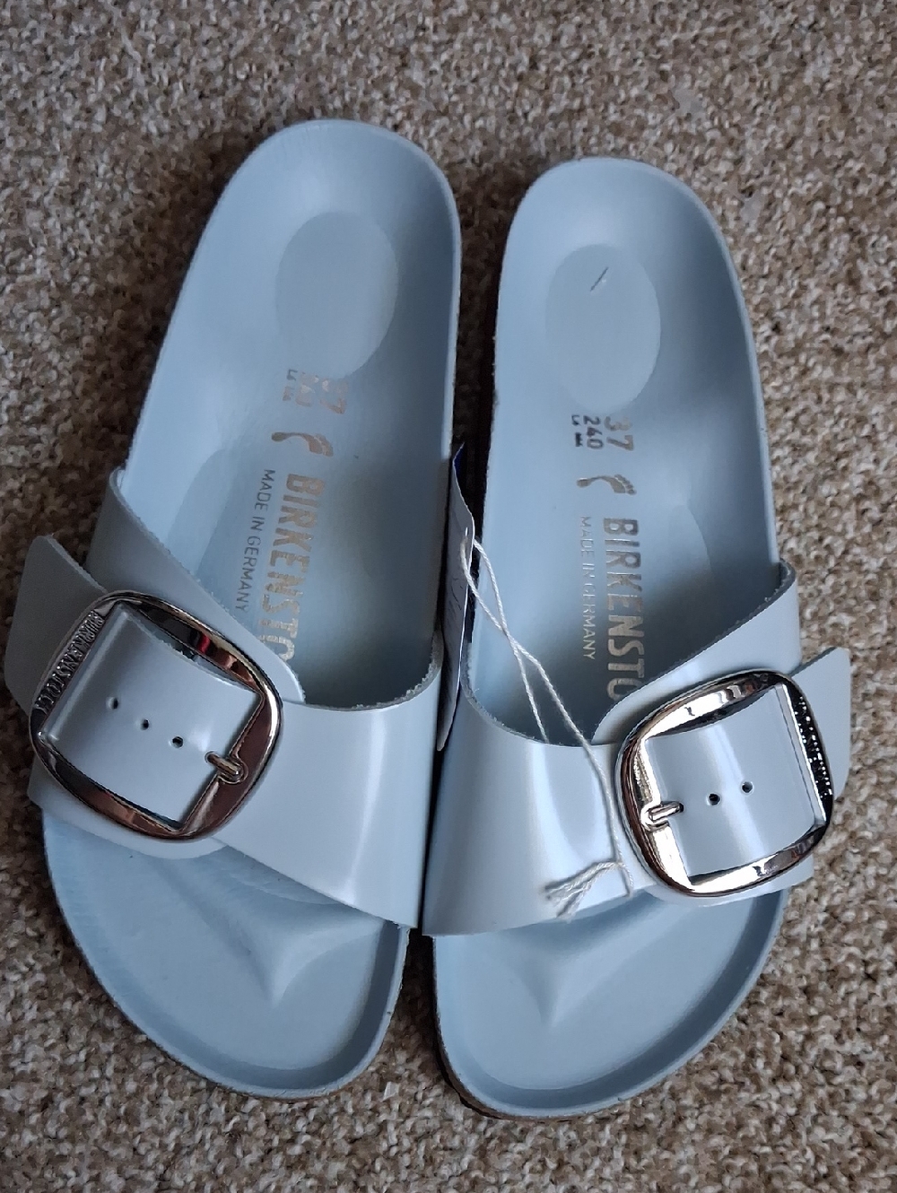 Birkenstock Light Blue Madrid EVA Single Strap Slides with Silver Buckles